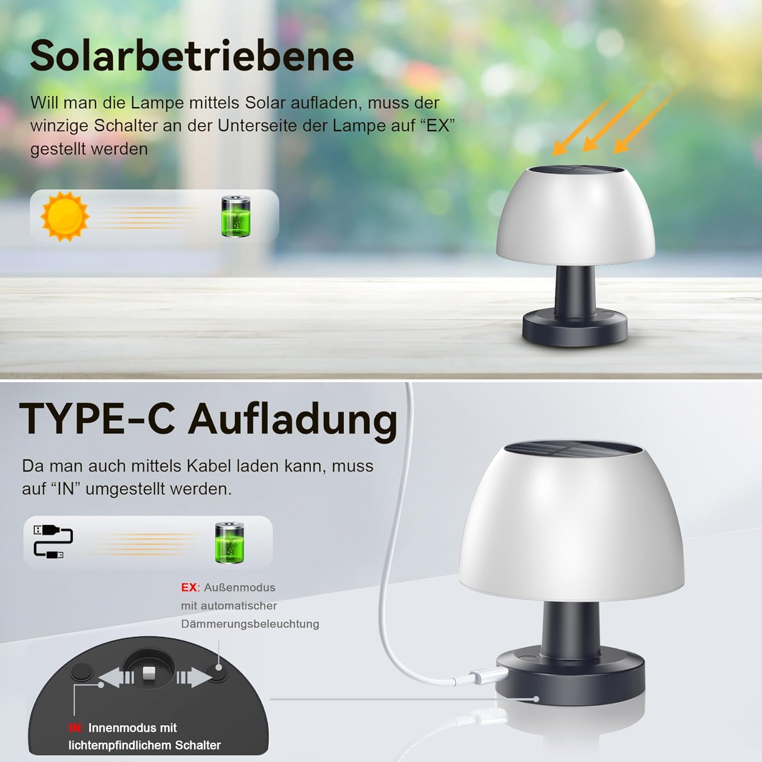 Solar Table Lamp Outdoor Portable Wireless LED Lights IP54 Waterproof Solar Lights for Indoor Patio Garden Bedroom Living Room - Image 2